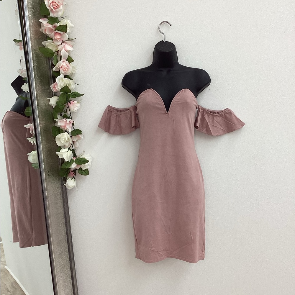 Amy pink suede off shoulder strapless sweetheart bodycon mini dress